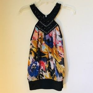 Bebe Beaded Chain Floral Racerback Blouse XS S